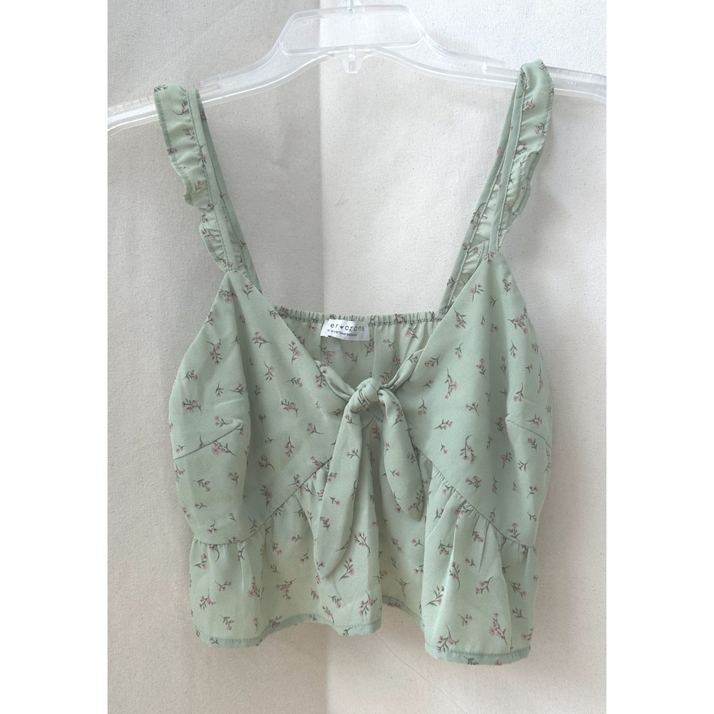 Piper & Crane Coquette Festival Sage Green Floral Ruffle Tie Front Crop Top Sz M